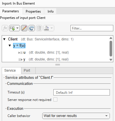 The Parameters tab of the Property Inspector displayed with a function element selected. The Communication pane is displayed showing the Timeout and Server response not required properties. The Execution pane is displayed showing the Caller behavior property.