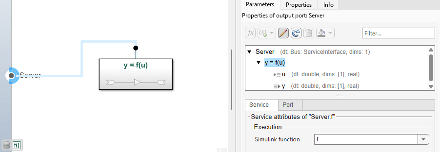 The Parameters tab of the Property Inspector displayed with a function element selected. The Execution section is displayed showing the Simulink function property.