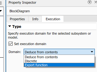 Property Inspector dialog, with "Set execution domain" check box selected and drop-down menu for "Domain" with "Export function" selected