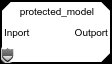 A Model block that references a protected model displays the badge icon in addition to the protected model name, input port names, and output port names.