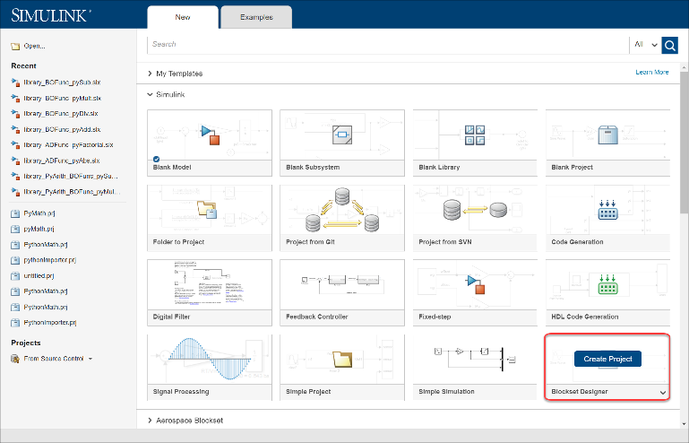 Blockset designer project in Simulink start page