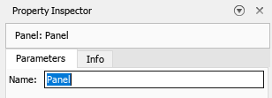 The Property Inspector is open to the Parameters tab, and the Name text box contains the word Panel. The word Panel is selected.