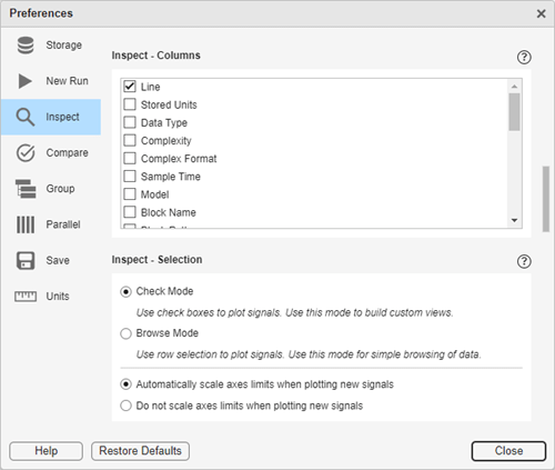 The Inspect - Columns portion of Preferences