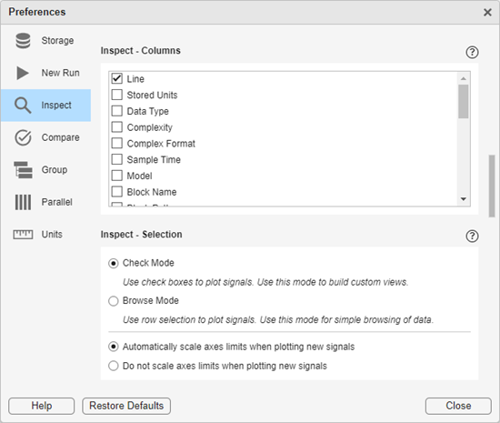 The Inspect - Columns portion of Preferences