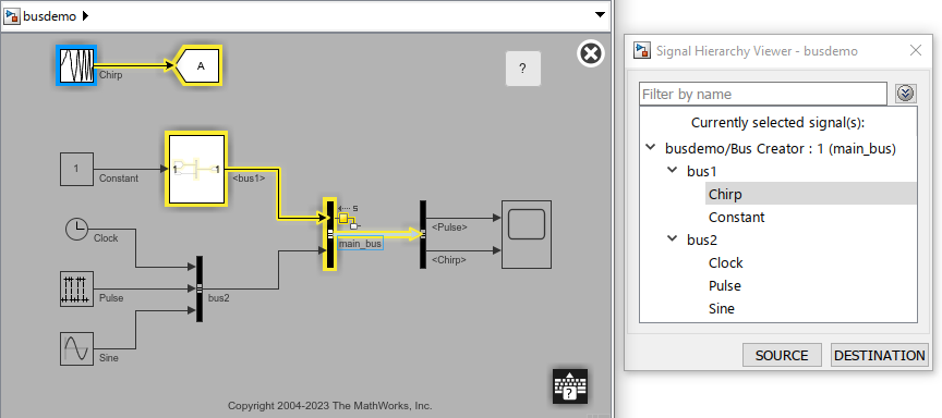 View that highlights all elements between the first source block for the bus element named Chirp and the bus named main_bus