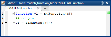 MATLAB code editor with function algorithm defined as y1 equals timestwo of x1.