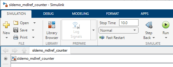 Window with sldemo_mdlref_counter open as top model