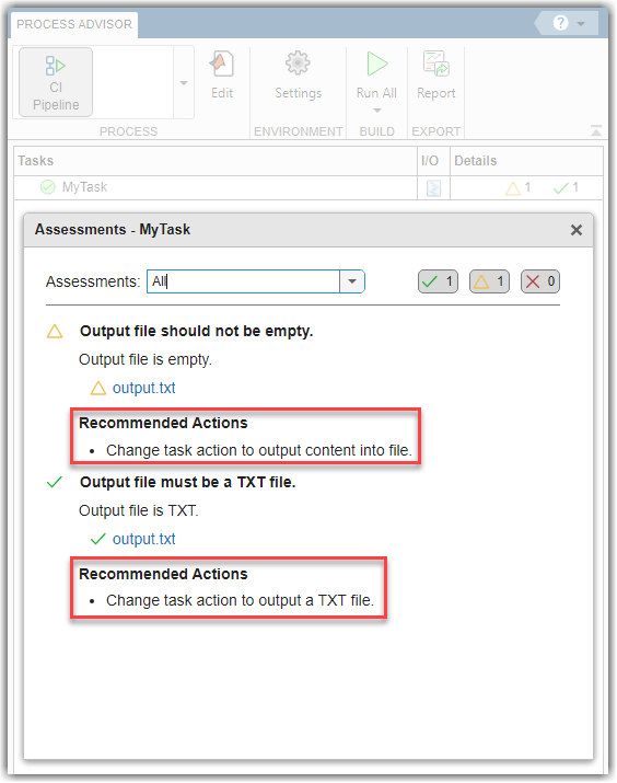 Assessments dialog for MyTask showing assessment results and recommended actions
