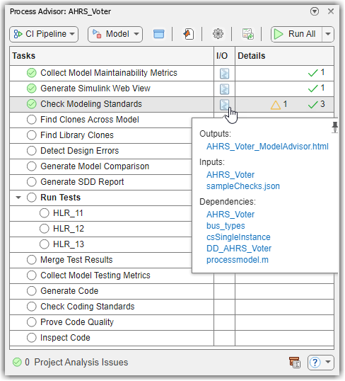 Process Advisor app showing completed tasks for collecting model maintainability metrics, generating a Simulink Web View, and checking modeling standards