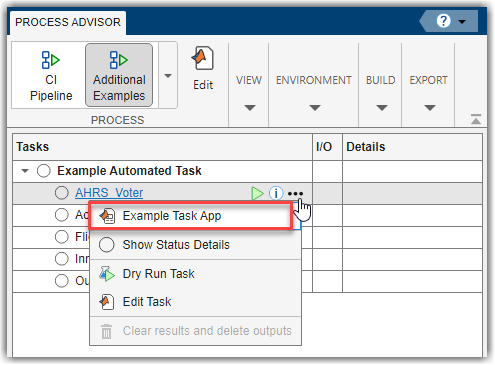Example Task App option in task options menu for AHRS_Voter model