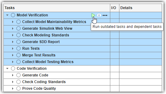 Process Advisor app showing Model Verification and Code Verification tasks in the Tasks column