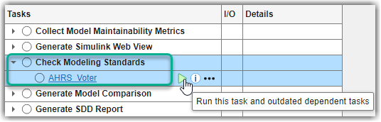 Process Advisor Tasks colum showing the Check Modeling Standards task only iterating over models with Voter in the path