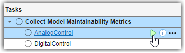 Mouse pointing to run button for running the "Collect Model Maintainability Metrics" task on the AnalogControl model