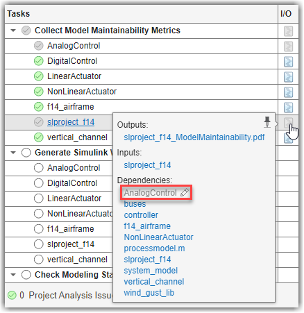 I/O pop-out showing AnalogControl.slx model as an outdated dependent task for the slproject_f14 model