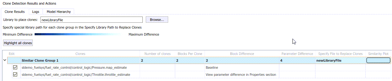 Clone Detector App showing Clone Detection Results and Actions for the clone group