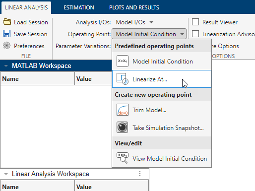 Operating Point drop-down list open with the cursor over the Linearize At option.