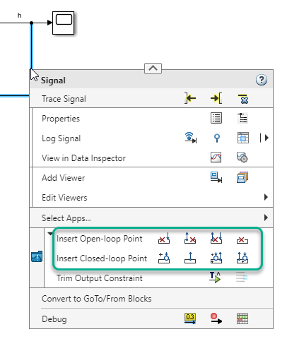 Simulink context menu showing the "Insert Open-Loop Point" and "Insert Closed-Loop Point" button groups highlighted.