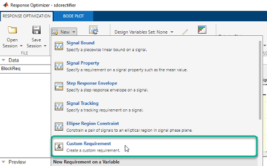 Custom Requirement is highlighted in the drop-down list for New