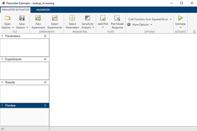 Parameter Estimator app main window. Parameter Estimation toolstrip is on the top. Parameters, Experiments, Results, and Preview panes are on the left, from top to bottom.