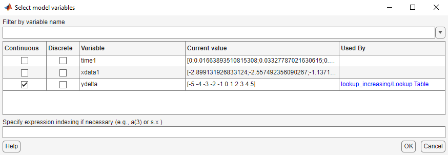 Select model variables dialog box with variable ydelta selected