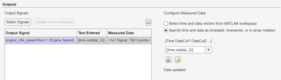 The Outputs section of the Edit Experiment dialog box with the output data specified using array notation