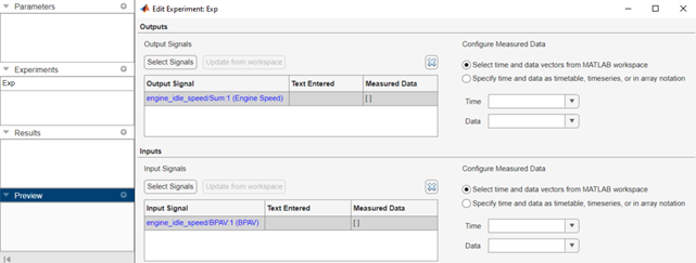 Edit Experiment dialog box with the populated Output Signal table under the Outputs section on top and the populated Input Signal table under the Inputs section on the bottom