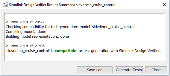 Simulink Design Verifier Results summary window that shows the compatibility of a Simulink model.
