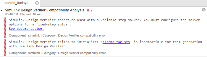 Simulink Design Verifier compatibility analysis window that shows the error.