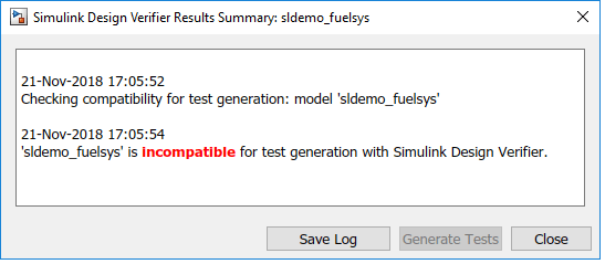 Simulink Design Verifier Results summary window that shows the incompatibility of a Simulink model.