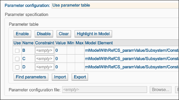 Parameter configuration for the Parameter Table area with highlighted override settings.