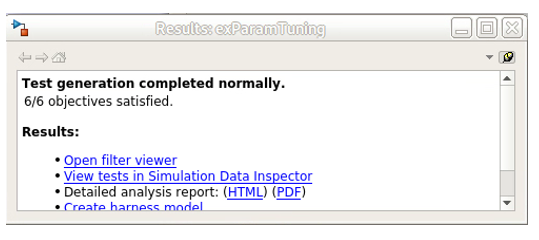 Results window for Simulink Design Verifier analysis.