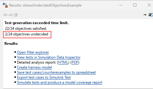 Results window that shows undecided objectives status for the test generation analysis.