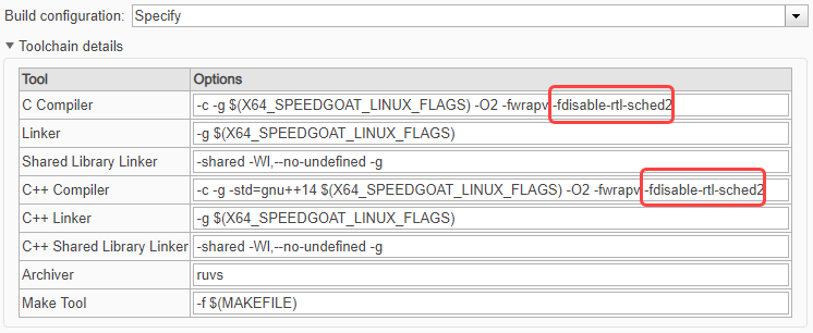 Update the model C Compiler and C++ Compiler options.