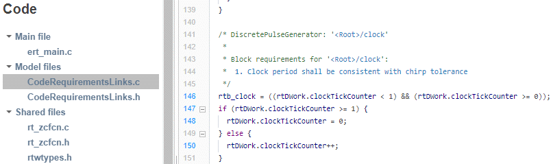 Section of C code for the clock block showing comments that identify the clock block and the requirement associated with the block.