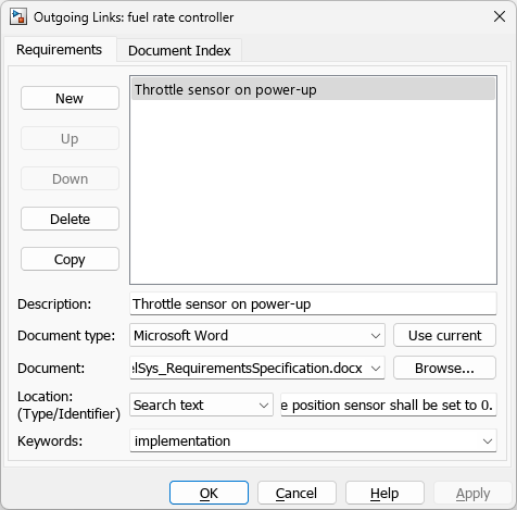 The Outgoing Links Editor shows the outgoing links for the fuel rate controller block. There is one link with the description Throttle sensor on power-up that points to a specified text phrase in a Microsoft Word document.