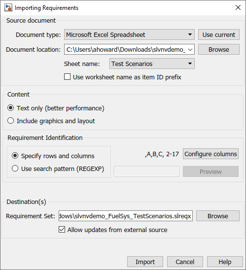 The Importing Requirements dialog has Microsoft Excel Spreadsheet selected. Under content, Text only (better graphics) is selected. Under Requirement Identification, Specify rows and columns is selected.