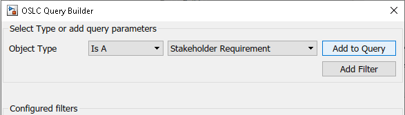 The OSLC Query Builder dialog is shown, with a query that would return only the stakeholder requirements shown.