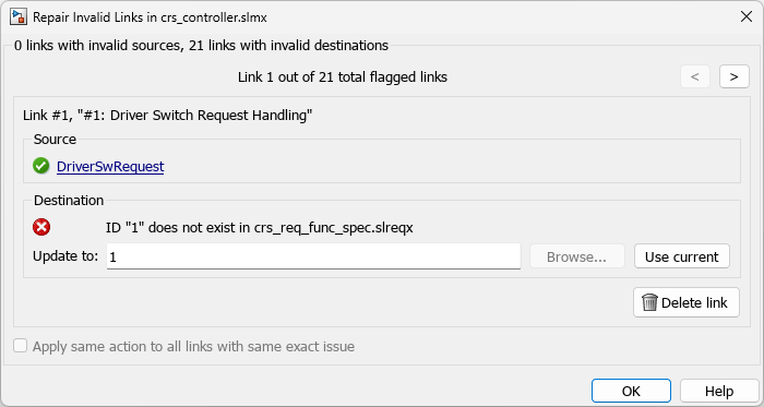 The Repair Invalid Links dialog for the crs_controller link set is shown. The dialog box shows link 1 out of 21 flagged links.