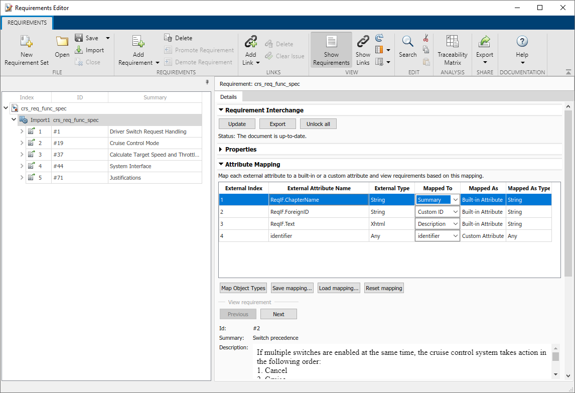 The Requirements Editor with a loaded requirement set. The Requirement Interchange and Attribute Mapping sections are expanded in the right pane. The Attribute Mapping pane has a table with four external attributes.