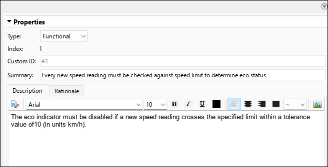 Content of an example requirement in the Requirements Editor.