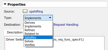 The Properties section of the Requirements Editor is shown, with the Satisfies custom link type selected from the Type menu