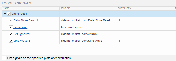 Logged signals table