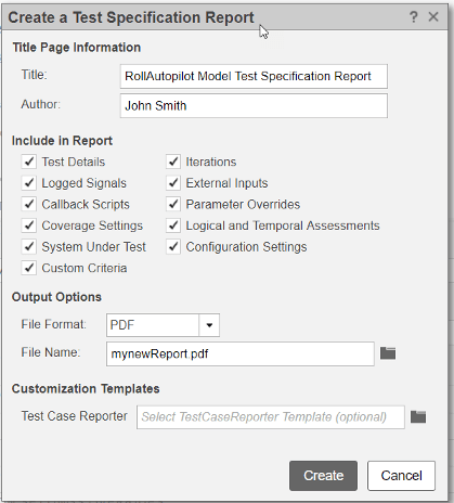 Create a Test Specification report dialog box