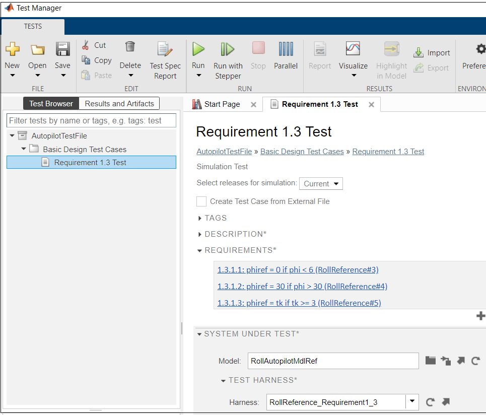 Test Manager with Requirement 1.3 test case selected