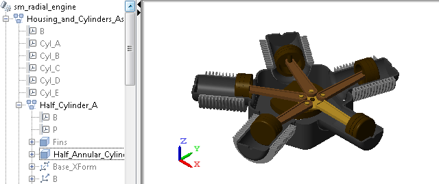 Radial Engine with Visible Solid in Hidden Half-Cylinder Subsystem