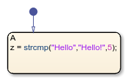 Stateflow chart that uses the strcmp operator in a state.