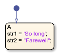 Stateflow chart that uses the strcpy operator in a state.