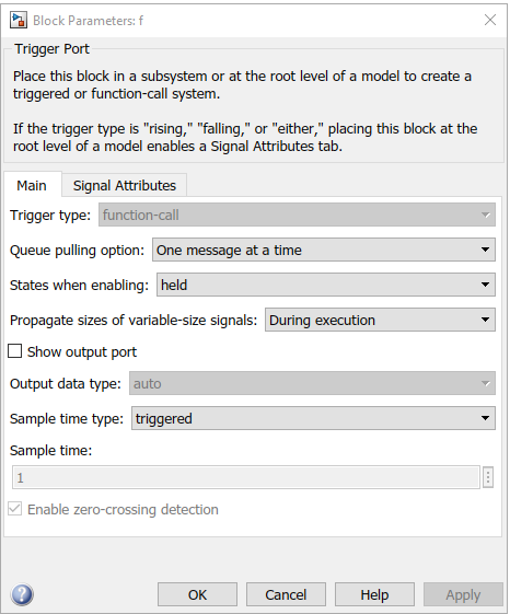 Block Parameters dialog box for a trigger port.