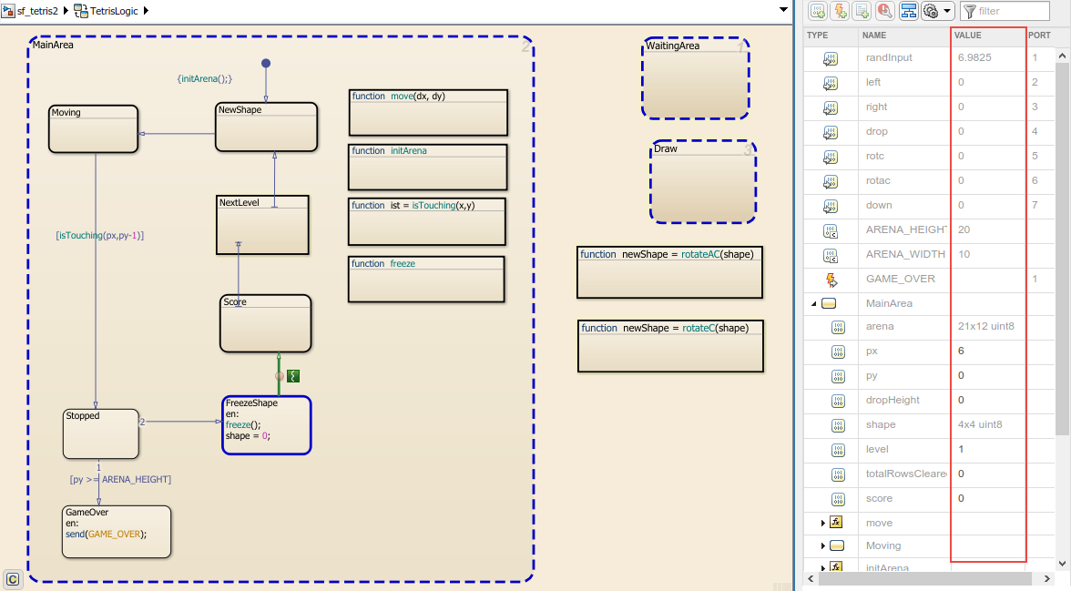 Symbols pane showing values during simulation.