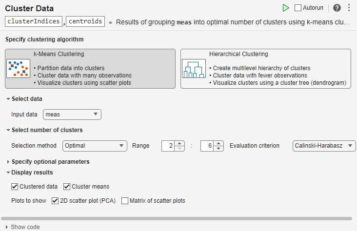 Cluster Data task showing the selected parameters